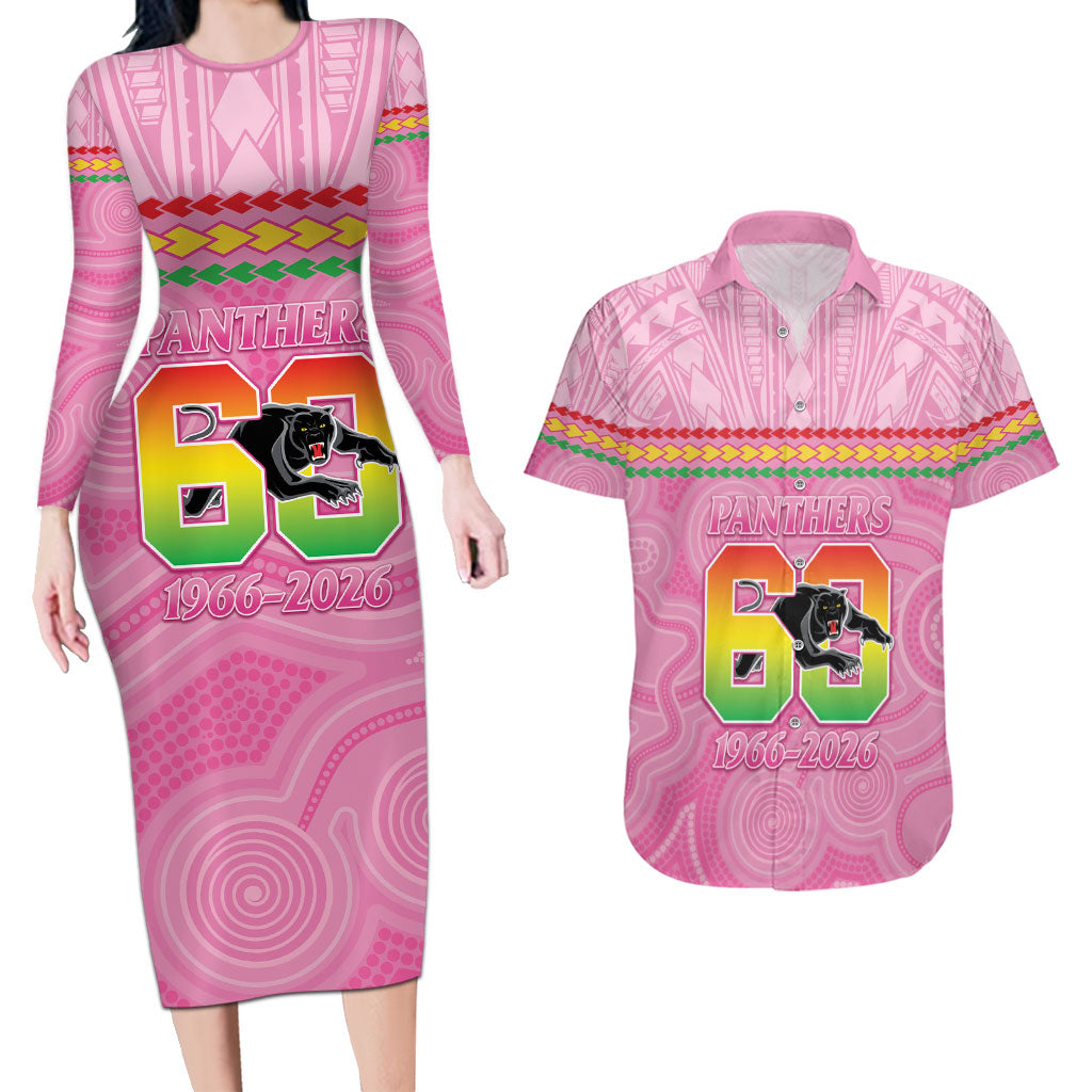 Penrith Panthers Rugby Custom Couples Matching Long Sleeve Bodycon Dress and Hawaiian Shirt 60 Years Anniversary Pink Polynesian Aboriginal Art