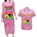 Penrith Panthers Rugby Custom Couples Matching Long Sleeve Bodycon Dress and Hawaiian Shirt 60 Years Anniversary Pink Polynesian Aboriginal Art