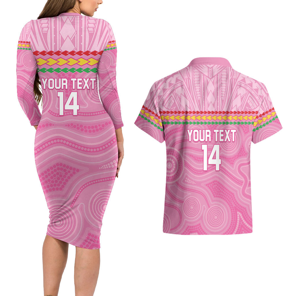 Penrith Panthers Rugby Custom Couples Matching Long Sleeve Bodycon Dress and Hawaiian Shirt 60 Years Anniversary Pink Polynesian Aboriginal Art
