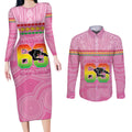 Penrith Panthers Rugby Custom Couples Matching Long Sleeve Bodycon Dress and Long Sleeve Button Shirt 60 Years Anniversary Pink Polynesian Aboriginal Art