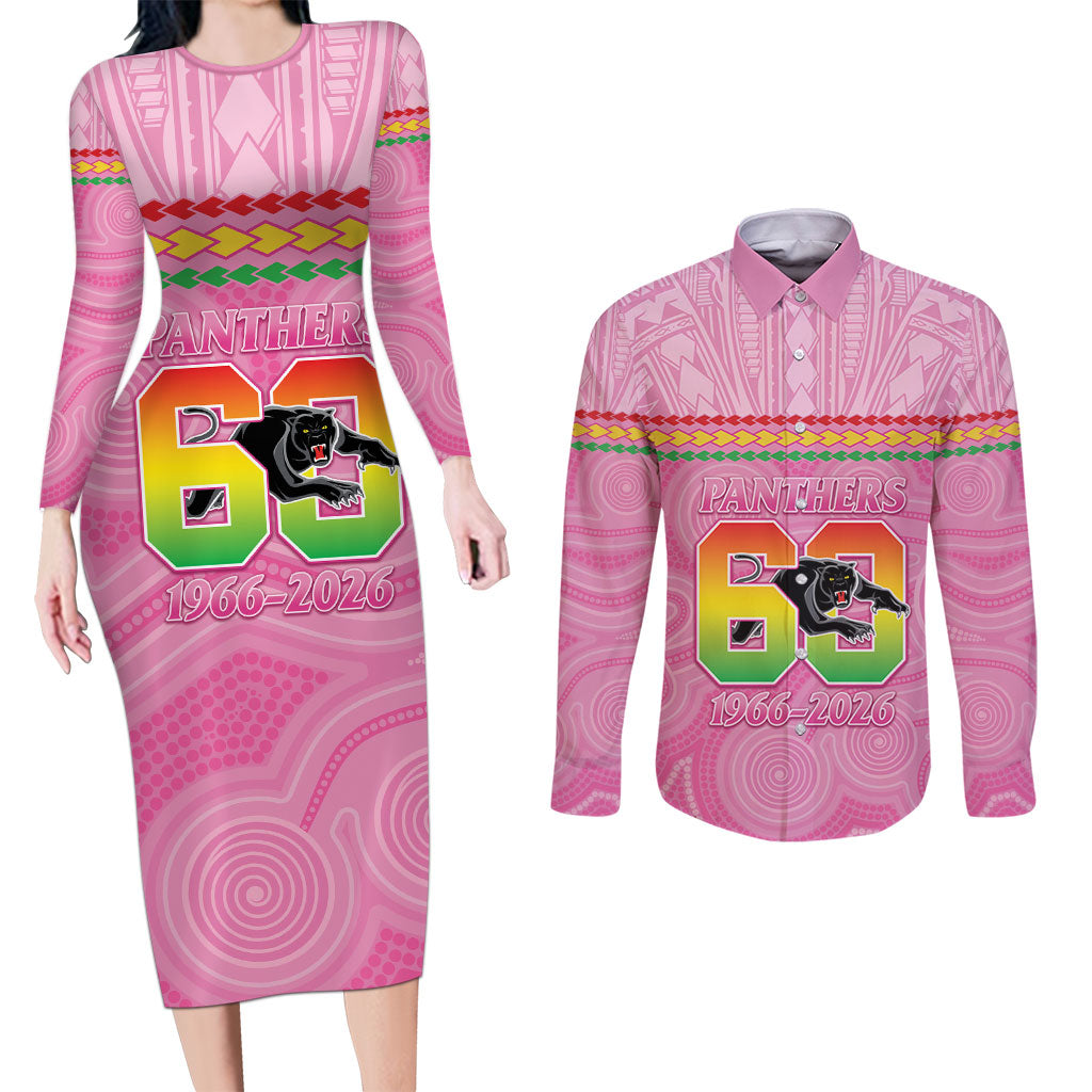Penrith Panthers Rugby Custom Couples Matching Long Sleeve Bodycon Dress and Long Sleeve Button Shirt 60 Years Anniversary Pink Polynesian Aboriginal Art