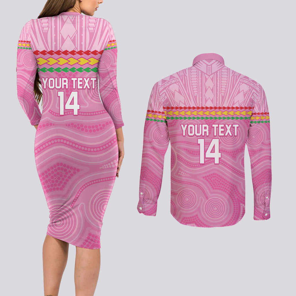 Penrith Panthers Rugby Custom Couples Matching Long Sleeve Bodycon Dress and Long Sleeve Button Shirt 60 Years Anniversary Pink Polynesian Aboriginal Art