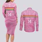 Penrith Panthers Rugby Custom Couples Matching Long Sleeve Bodycon Dress and Long Sleeve Button Shirt 60 Years Anniversary Pink Polynesian Aboriginal Art
