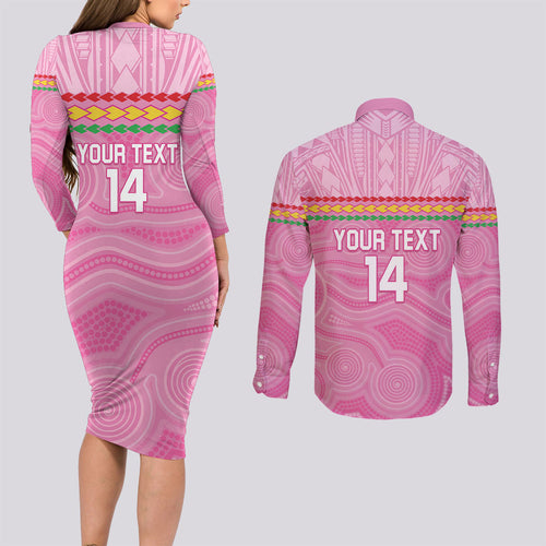 Penrith Panthers Rugby Custom Couples Matching Long Sleeve Bodycon Dress and Long Sleeve Button Shirt 60 Years Anniversary Pink Polynesian Aboriginal Art