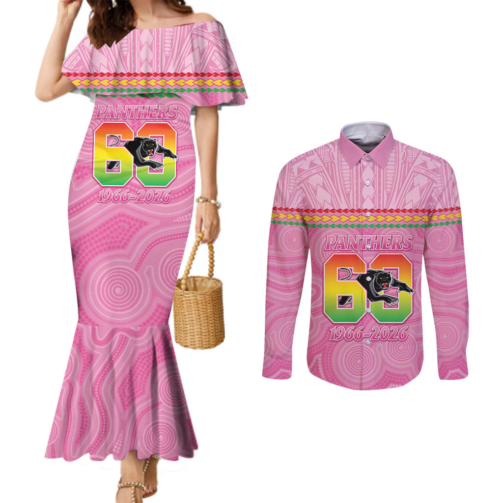 Penrith Panthers Rugby Custom Couples Matching Mermaid Dress and Long Sleeve Button Shirt 60 Years Anniversary Pink Polynesian Aboriginal Art