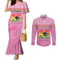 Penrith Panthers Rugby Custom Couples Matching Mermaid Dress and Long Sleeve Button Shirt 60 Years Anniversary Pink Polynesian Aboriginal Art
