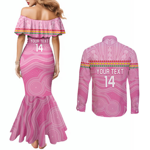 Penrith Panthers Rugby Custom Couples Matching Mermaid Dress and Long Sleeve Button Shirt 60 Years Anniversary Pink Polynesian Aboriginal Art