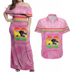 Penrith Panthers Rugby Custom Couples Matching Off Shoulder Maxi Dress and Hawaiian Shirt 60 Years Anniversary Pink Polynesian Aboriginal Art