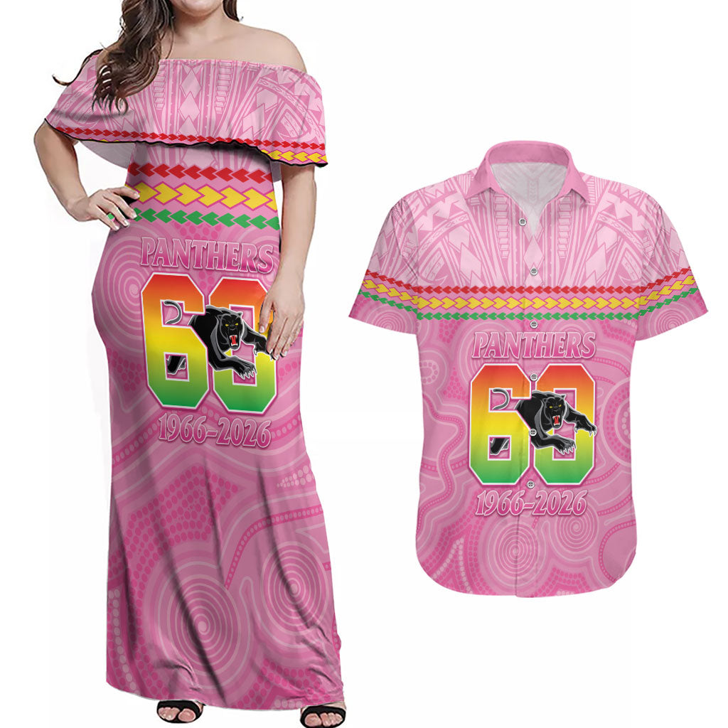 Penrith Panthers Rugby Custom Couples Matching Off Shoulder Maxi Dress and Hawaiian Shirt 60 Years Anniversary Pink Polynesian Aboriginal Art
