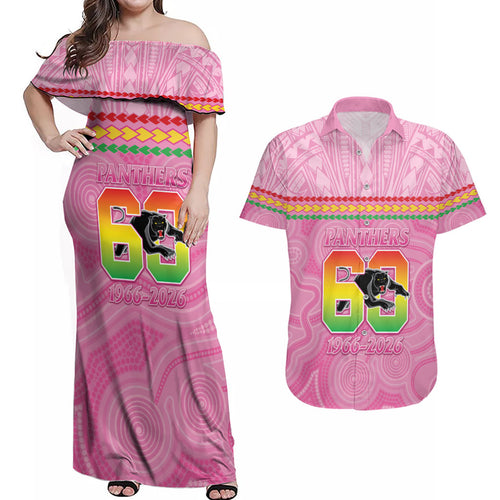 Penrith Panthers Rugby Custom Couples Matching Off Shoulder Maxi Dress and Hawaiian Shirt 60 Years Anniversary Pink Polynesian Aboriginal Art