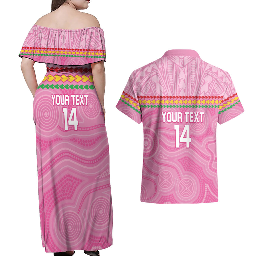 Penrith Panthers Rugby Custom Couples Matching Off Shoulder Maxi Dress and Hawaiian Shirt 60 Years Anniversary Pink Polynesian Aboriginal Art