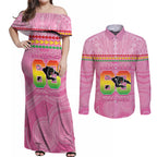 Penrith Panthers Rugby Custom Couples Matching Off Shoulder Maxi Dress and Long Sleeve Button Shirt 60 Years Anniversary Pink Polynesian Aboriginal Art