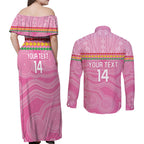 Penrith Panthers Rugby Custom Couples Matching Off Shoulder Maxi Dress and Long Sleeve Button Shirt 60 Years Anniversary Pink Polynesian Aboriginal Art