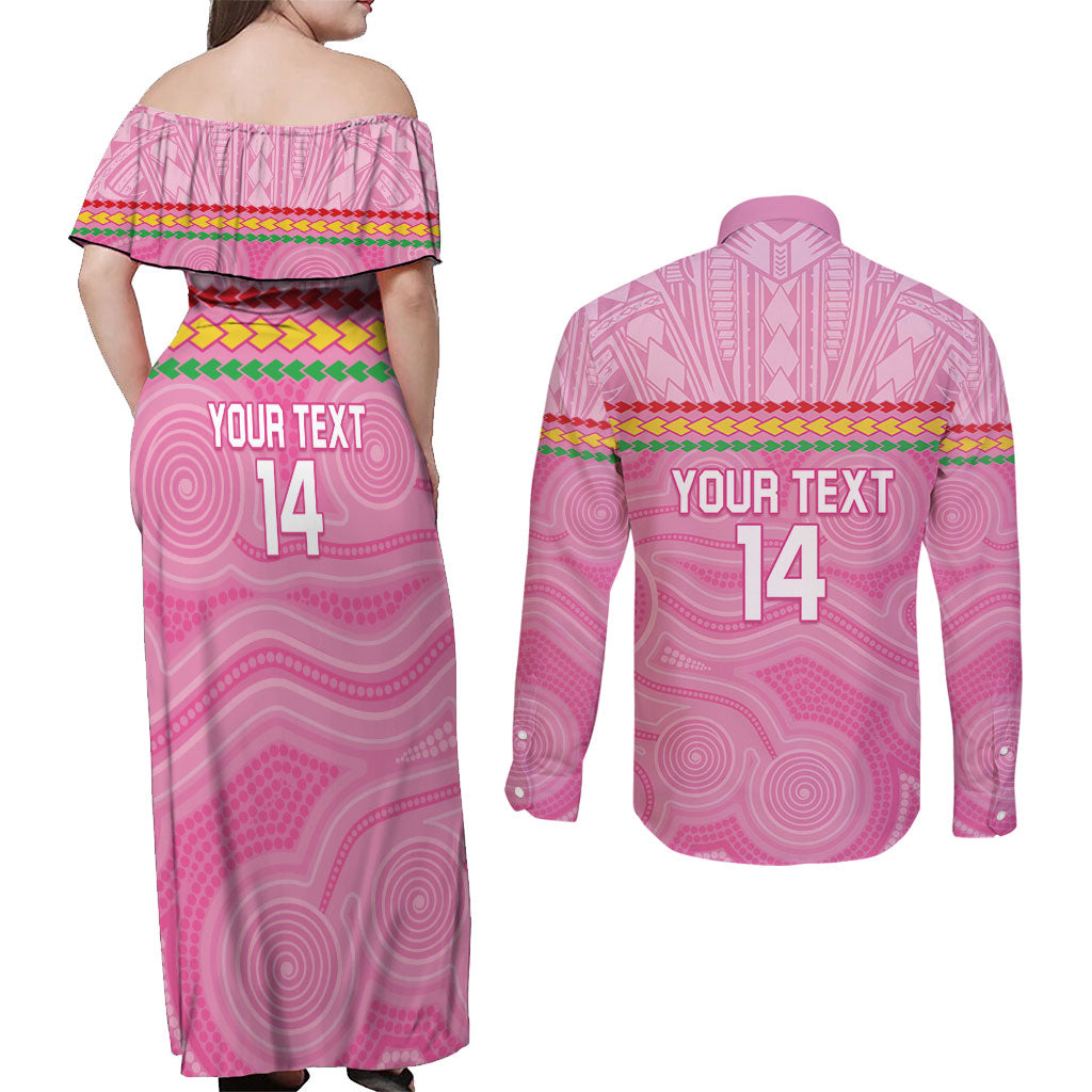 Penrith Panthers Rugby Custom Couples Matching Off Shoulder Maxi Dress and Long Sleeve Button Shirt 60 Years Anniversary Pink Polynesian Aboriginal Art