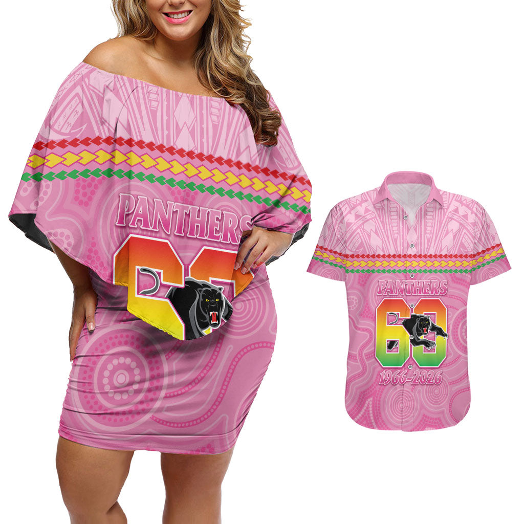 Penrith Panthers Rugby Custom Couples Matching Off Shoulder Short Dress and Hawaiian Shirt 60 Years Anniversary Pink Polynesian Aboriginal Art