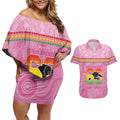 Penrith Panthers Rugby Custom Couples Matching Off Shoulder Short Dress and Hawaiian Shirt 60 Years Anniversary Pink Polynesian Aboriginal Art