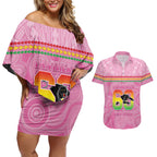 Penrith Panthers Rugby Custom Couples Matching Off Shoulder Short Dress and Hawaiian Shirt 60 Years Anniversary Pink Polynesian Aboriginal Art