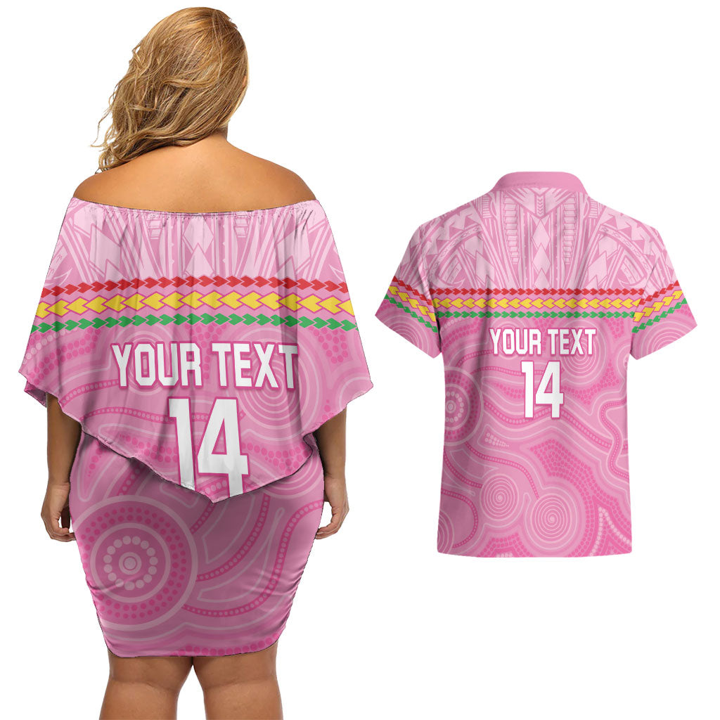 Penrith Panthers Rugby Custom Couples Matching Off Shoulder Short Dress and Hawaiian Shirt 60 Years Anniversary Pink Polynesian Aboriginal Art