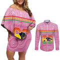 Penrith Panthers Rugby Custom Couples Matching Off Shoulder Short Dress and Long Sleeve Button Shirt 60 Years Anniversary Pink Polynesian Aboriginal Art