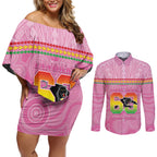 Penrith Panthers Rugby Custom Couples Matching Off Shoulder Short Dress and Long Sleeve Button Shirt 60 Years Anniversary Pink Polynesian Aboriginal Art