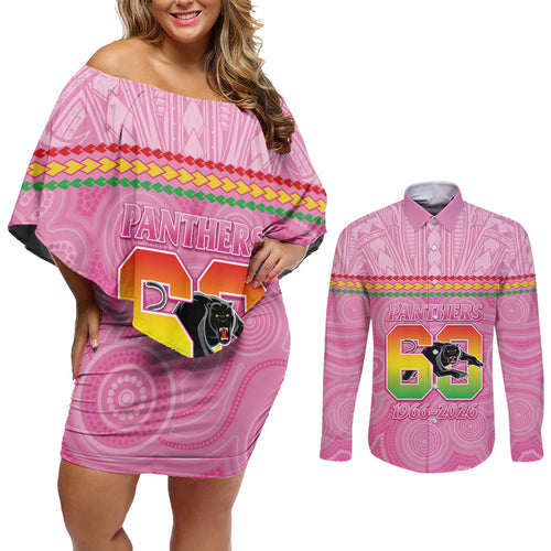 Penrith Panthers Rugby Custom Couples Matching Off Shoulder Short Dress and Long Sleeve Button Shirt 60 Years Anniversary Pink Polynesian Aboriginal Art