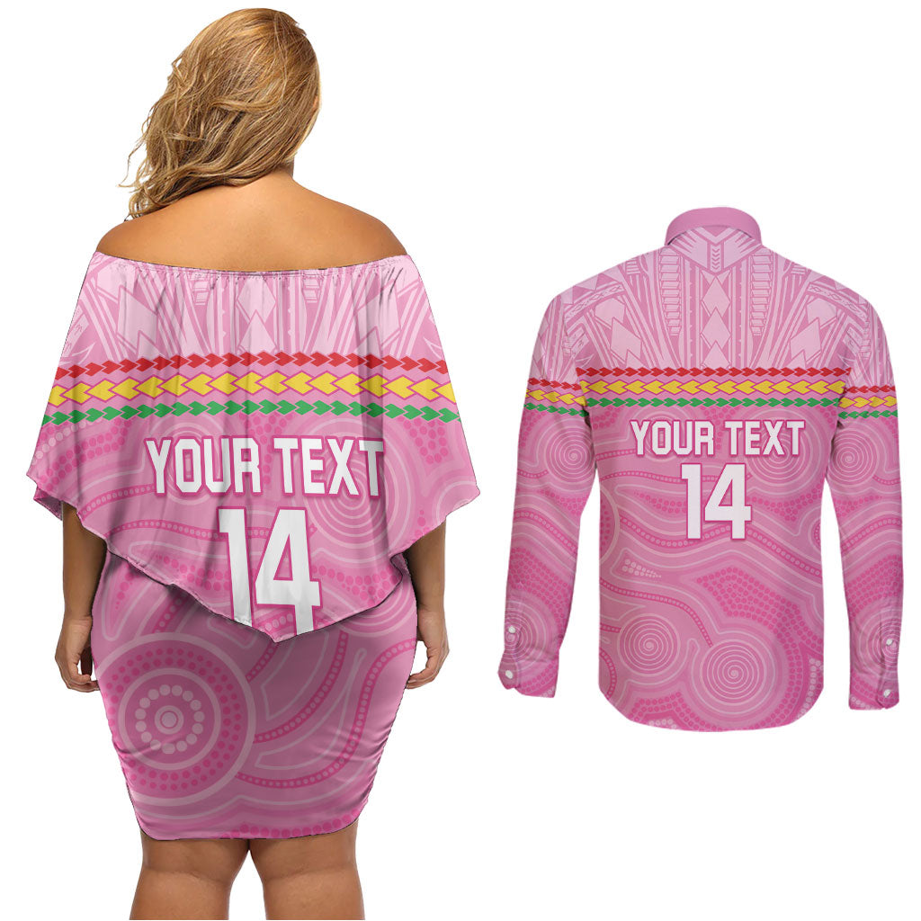 Penrith Panthers Rugby Custom Couples Matching Off Shoulder Short Dress and Long Sleeve Button Shirt 60 Years Anniversary Pink Polynesian Aboriginal Art