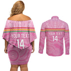 Penrith Panthers Rugby Custom Couples Matching Off Shoulder Short Dress and Long Sleeve Button Shirt 60 Years Anniversary Pink Polynesian Aboriginal Art