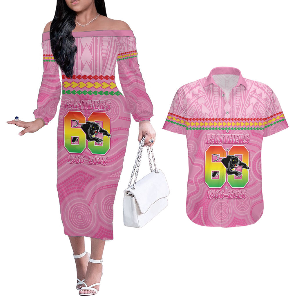 Penrith Panthers Rugby Custom Couples Matching Off The Shoulder Long Sleeve Dress and Hawaiian Shirt 60 Years Anniversary Pink Polynesian Aboriginal Art