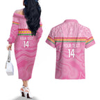 Penrith Panthers Rugby Custom Couples Matching Off The Shoulder Long Sleeve Dress and Hawaiian Shirt 60 Years Anniversary Pink Polynesian Aboriginal Art