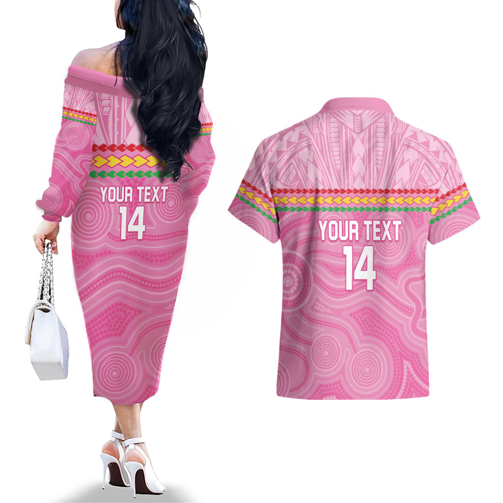 Penrith Panthers Rugby Custom Couples Matching Off The Shoulder Long Sleeve Dress and Hawaiian Shirt 60 Years Anniversary Pink Polynesian Aboriginal Art