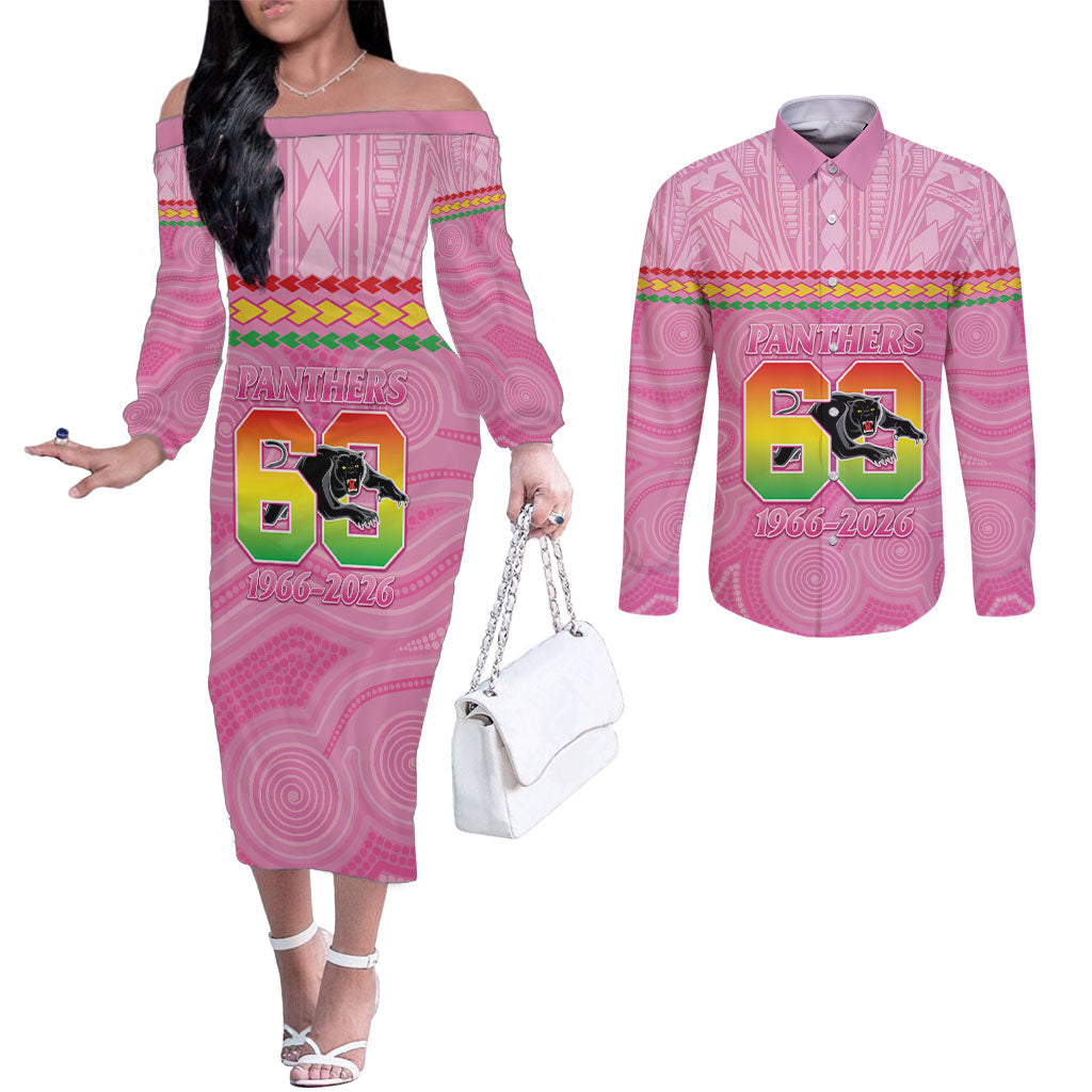 Penrith Panthers Rugby Custom Couples Matching Off The Shoulder Long Sleeve Dress and Long Sleeve Button Shirt 60 Years Anniversary Pink Polynesian Aboriginal Art