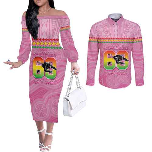 Penrith Panthers Rugby Custom Couples Matching Off The Shoulder Long Sleeve Dress and Long Sleeve Button Shirt 60 Years Anniversary Pink Polynesian Aboriginal Art