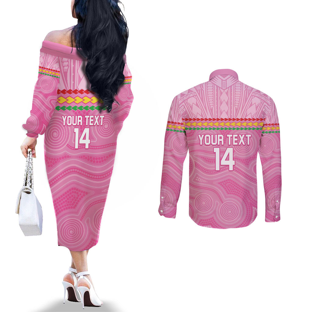 Penrith Panthers Rugby Custom Couples Matching Off The Shoulder Long Sleeve Dress and Long Sleeve Button Shirt 60 Years Anniversary Pink Polynesian Aboriginal Art