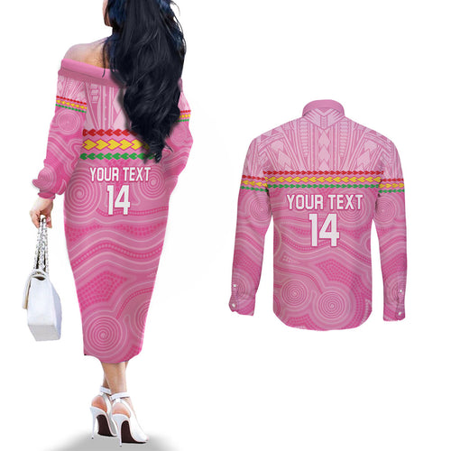 Penrith Panthers Rugby Custom Couples Matching Off The Shoulder Long Sleeve Dress and Long Sleeve Button Shirt 60 Years Anniversary Pink Polynesian Aboriginal Art