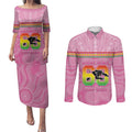 Penrith Panthers Rugby Custom Couples Matching Puletasi and Long Sleeve Button Shirt 60 Years Anniversary Pink Polynesian Aboriginal Art