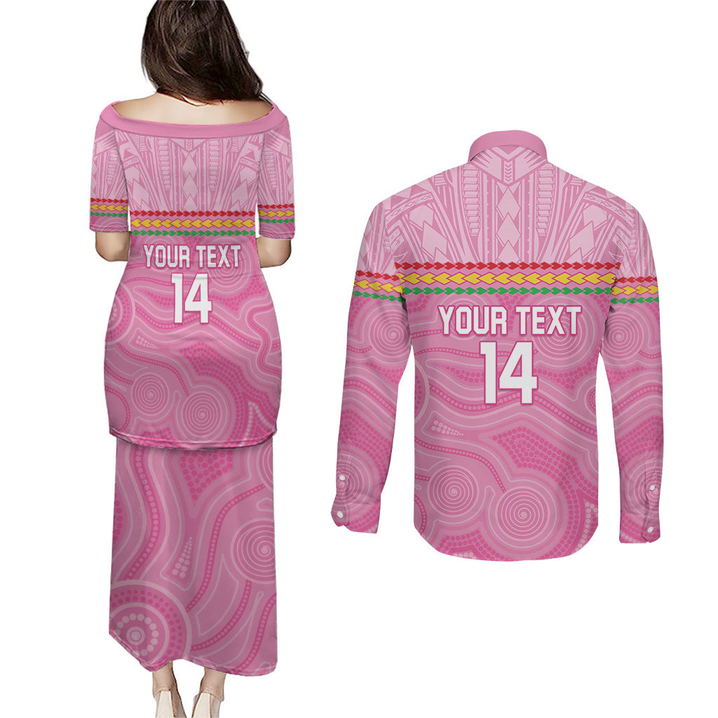 Penrith Panthers Rugby Custom Couples Matching Puletasi and Long Sleeve Button Shirt 60 Years Anniversary Pink Polynesian Aboriginal Art
