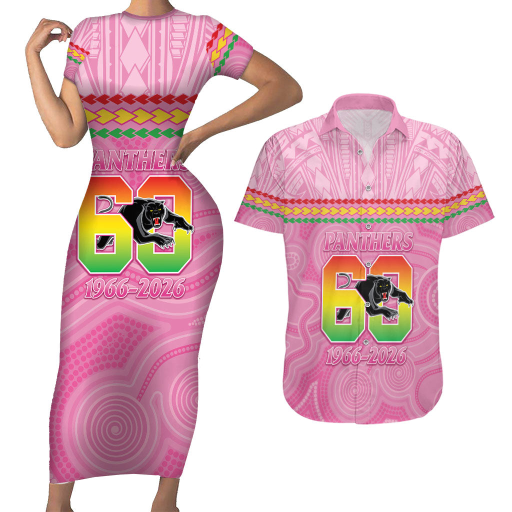 Penrith Panthers Rugby Custom Couples Matching Short Sleeve Bodycon Dress and Hawaiian Shirt 60 Years Anniversary Pink Polynesian Aboriginal Art