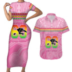 Penrith Panthers Rugby Custom Couples Matching Short Sleeve Bodycon Dress and Hawaiian Shirt 60 Years Anniversary Pink Polynesian Aboriginal Art