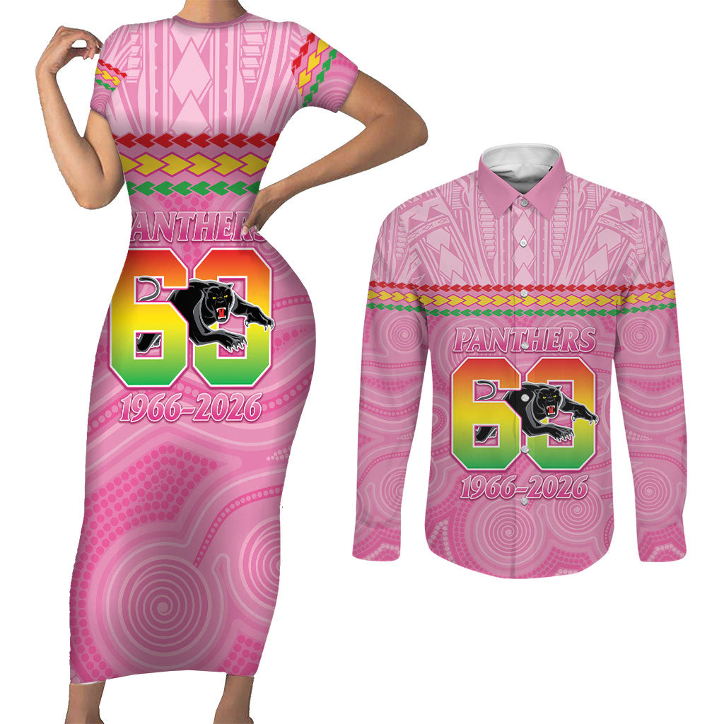 Penrith Panthers Rugby Custom Couples Matching Short Sleeve Bodycon Dress and Long Sleeve Button Shirt 60 Years Anniversary Pink Polynesian Aboriginal Art