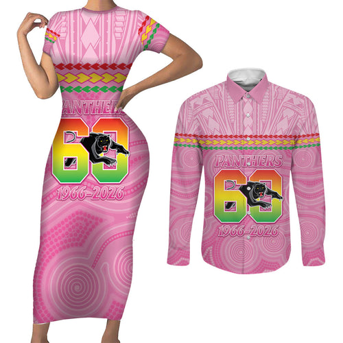 Penrith Panthers Rugby Custom Couples Matching Short Sleeve Bodycon Dress and Long Sleeve Button Shirt 60 Years Anniversary Pink Polynesian Aboriginal Art