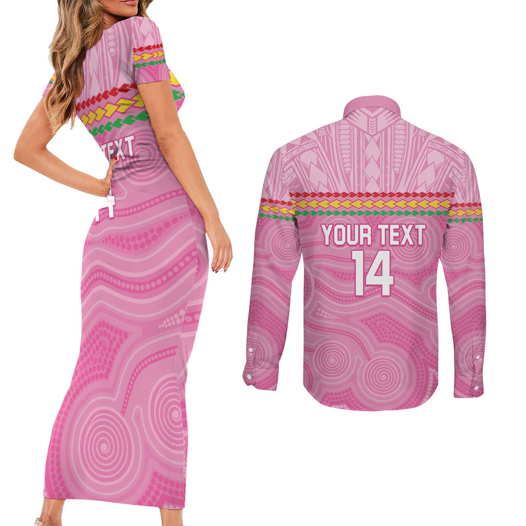 Penrith Panthers Rugby Custom Couples Matching Short Sleeve Bodycon Dress and Long Sleeve Button Shirt 60 Years Anniversary Pink Polynesian Aboriginal Art
