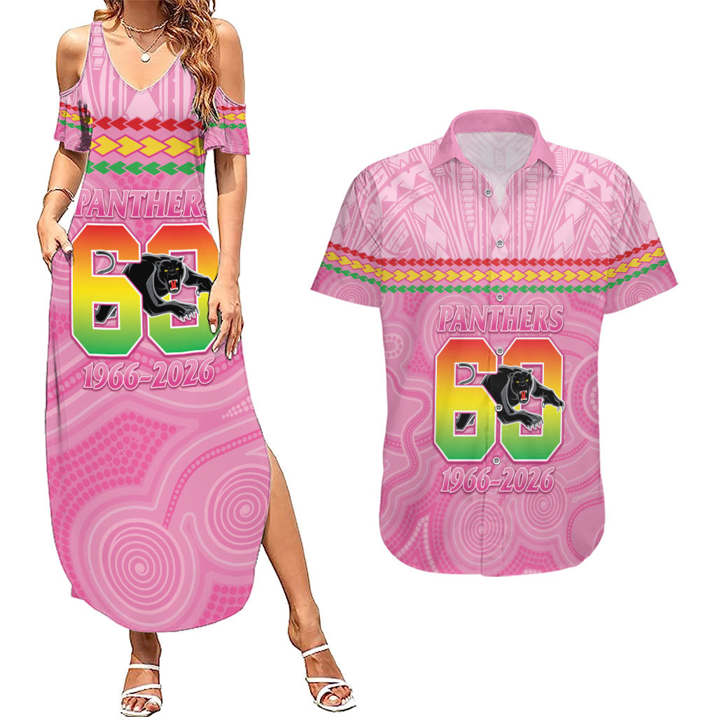 Penrith Panthers Rugby Custom Couples Matching Summer Maxi Dress and Hawaiian Shirt 60 Years Anniversary Pink Polynesian Aboriginal Art