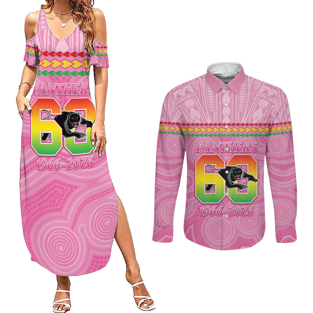 Penrith Panthers Rugby Custom Couples Matching Summer Maxi Dress and Long Sleeve Button Shirt 60 Years Anniversary Pink Polynesian Aboriginal Art