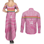 Penrith Panthers Rugby Custom Couples Matching Summer Maxi Dress and Long Sleeve Button Shirt 60 Years Anniversary Pink Polynesian Aboriginal Art