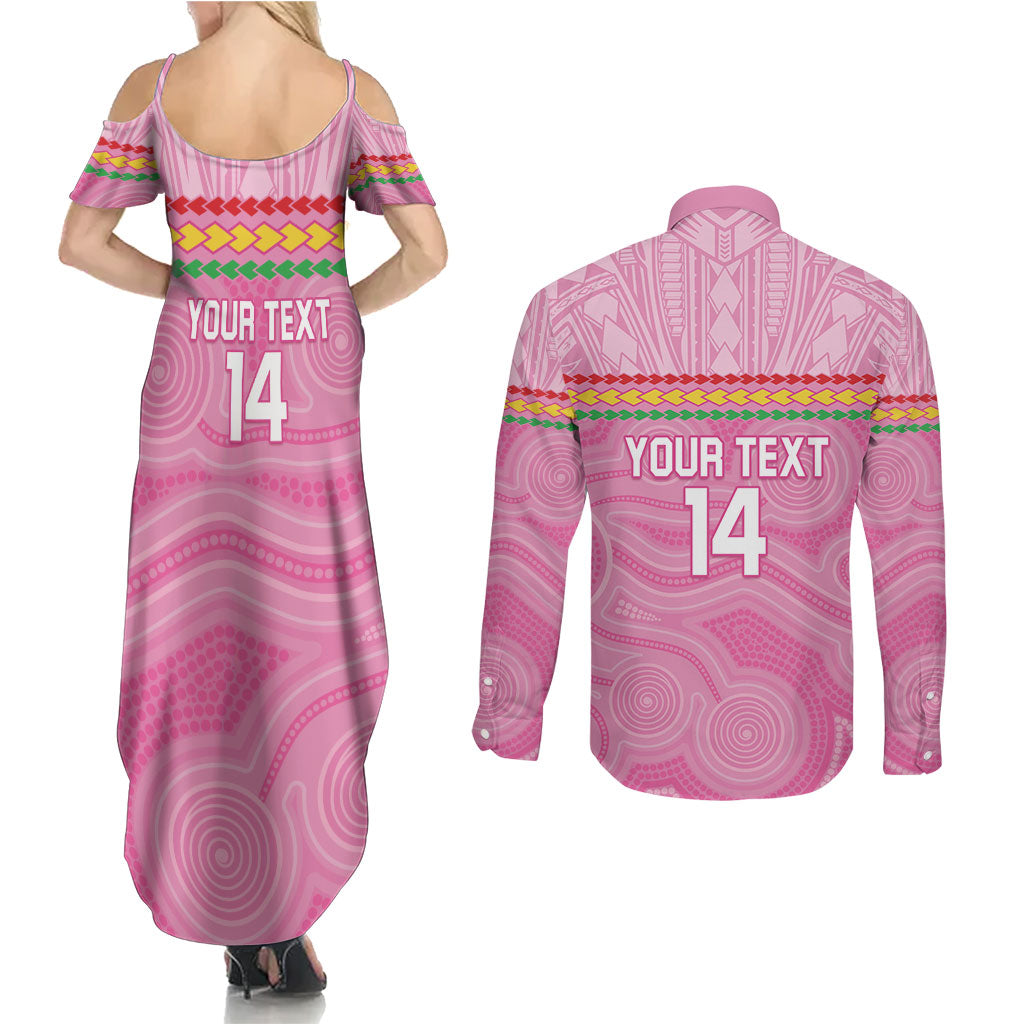 Penrith Panthers Rugby Custom Couples Matching Summer Maxi Dress and Long Sleeve Button Shirt 60 Years Anniversary Pink Polynesian Aboriginal Art