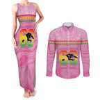 Penrith Panthers Rugby Custom Couples Matching Tank Maxi Dress and Long Sleeve Button Shirt 60 Years Anniversary Pink Polynesian Aboriginal Art
