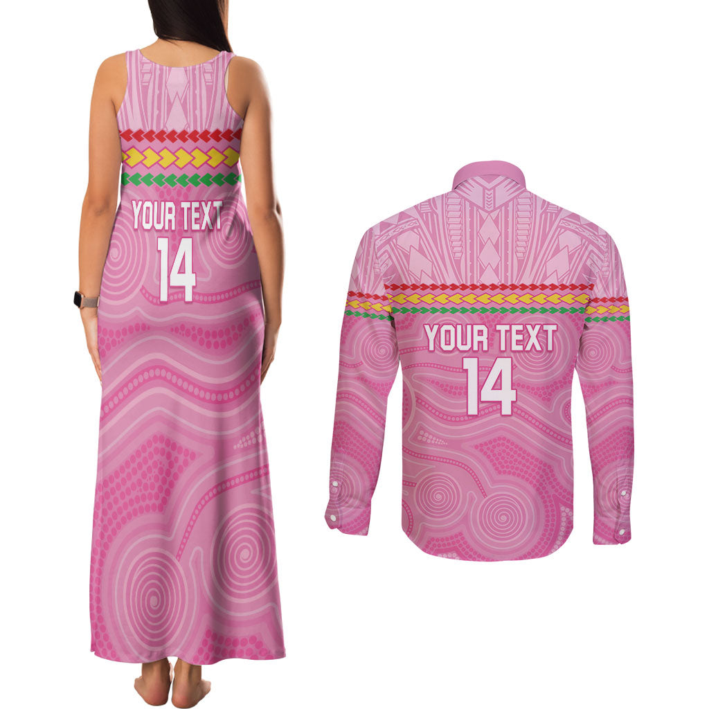 Penrith Panthers Rugby Custom Couples Matching Tank Maxi Dress and Long Sleeve Button Shirt 60 Years Anniversary Pink Polynesian Aboriginal Art