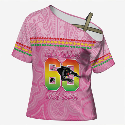 Penrith Panthers Rugby Custom Cross Shoulder Shirt 60 Years Anniversary Pink Polynesian Aboriginal Art