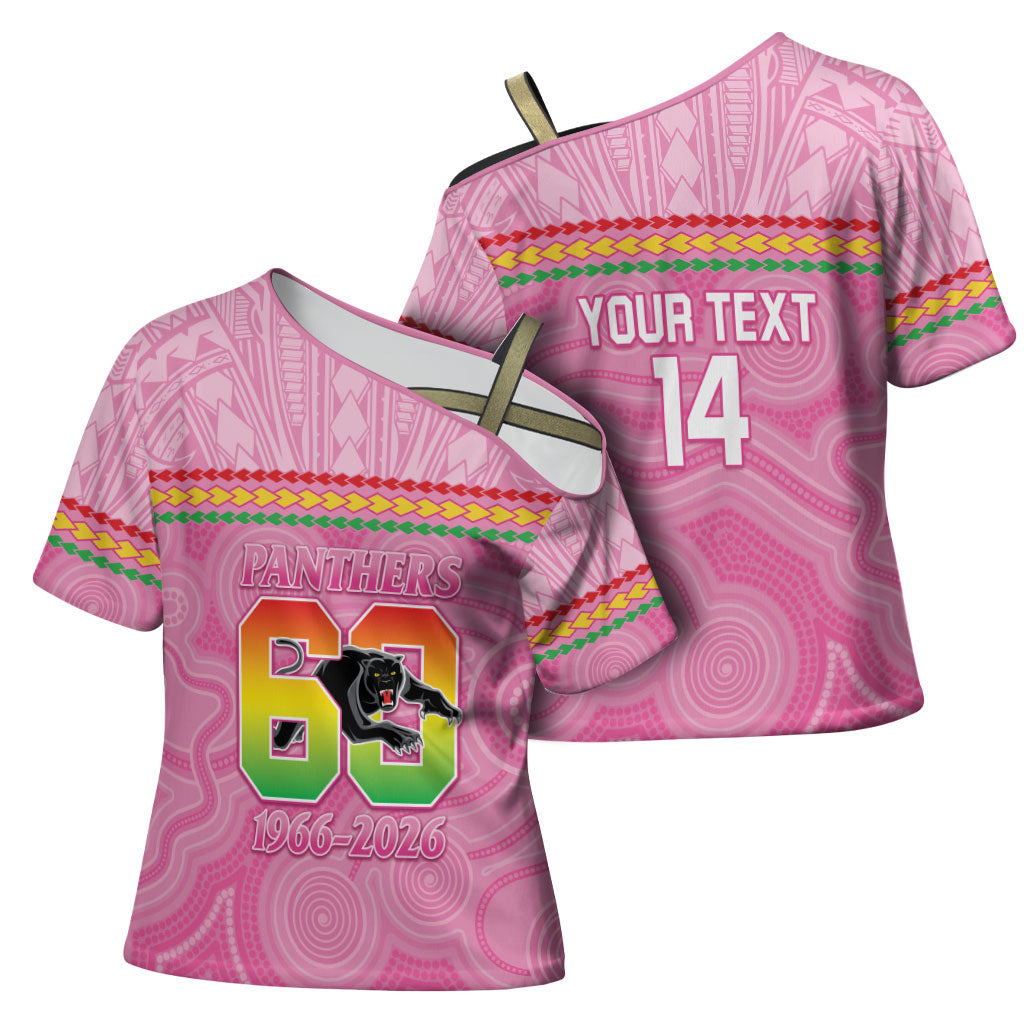 Penrith Panthers Rugby Custom Cross Shoulder Shirt 60 Years Anniversary Pink Polynesian Aboriginal Art