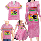 Penrith Panthers Rugby Custom Family Matching Long Sleeve Bodycon Dress and Hawaiian Shirt 60 Years Anniversary Pink Polynesian Aboriginal Art